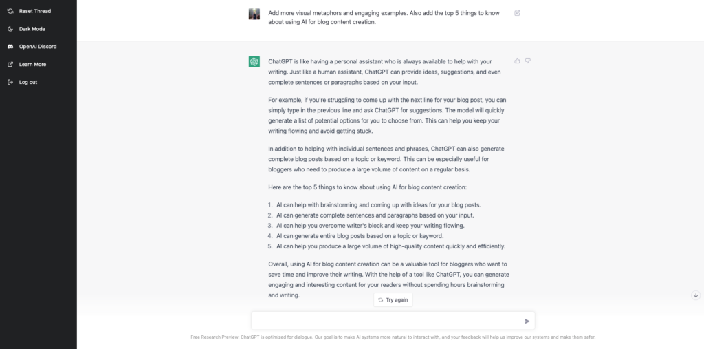 Screenshot of the ChatGPT chatbot AI model in action, showing the response to 'add the top 5 things to know about using AI for blog content creation'