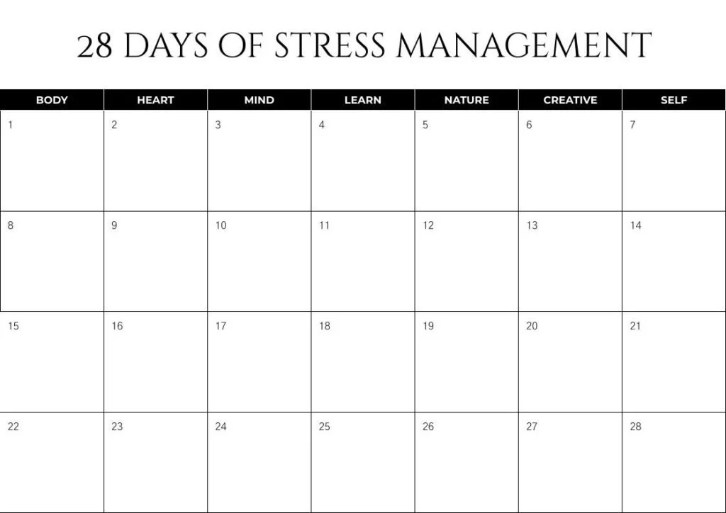 A calendar style page showing 28 boxes, grouped into body, heart, mind, learn, nature, creative and self