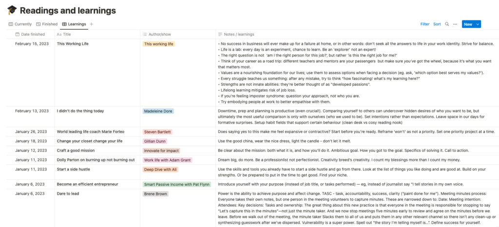 A readings and learnings table setup in Notion showing the date finished, book title, author and a write-up of my notes/learnings for each