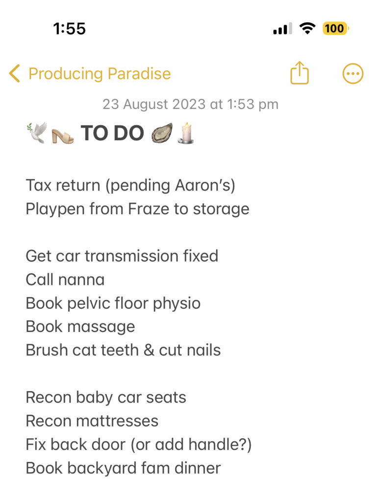 Screenshot of the iPhone Notes app showing a personal to-do list