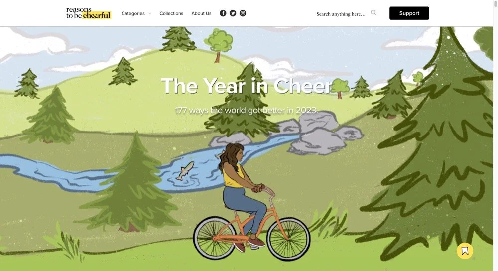 An illustration of a green field and woman on a bike with The Year In Cheer written on top of it