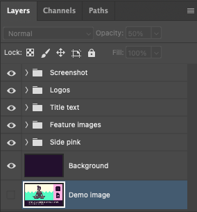 Screenshot of the Layers panel in Photoshop showing groups for screenshot, logos, title text, and side pink
