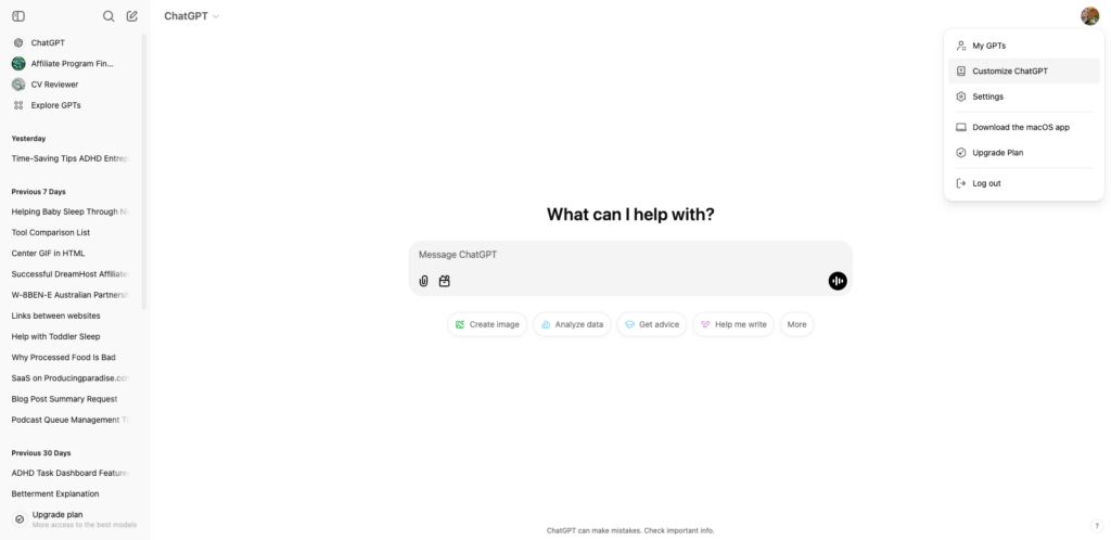 Screenshot of the ChatGPT welcome screen