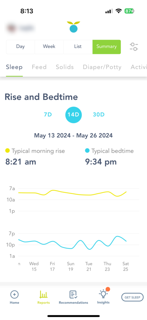 Screenshot of the Huckleberry app rise and bedtime reporting