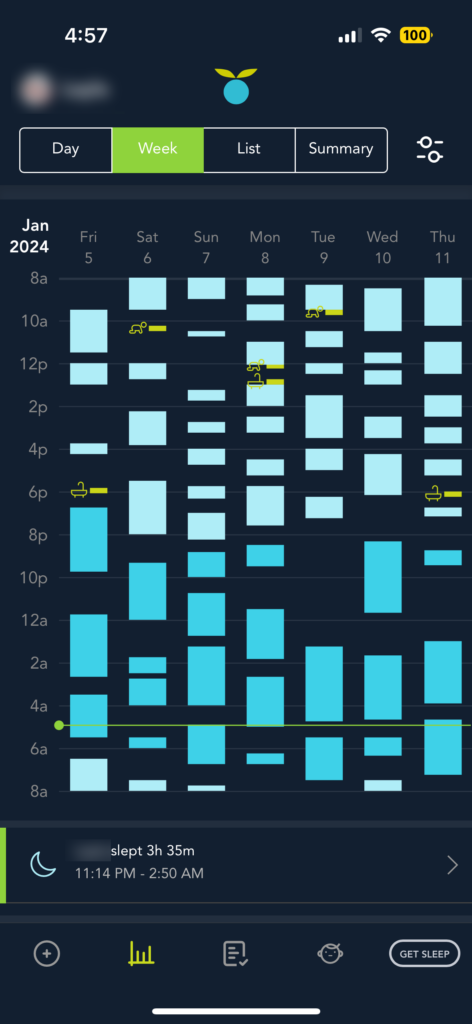 Screenshot of the Huckleberry app week view at one month
