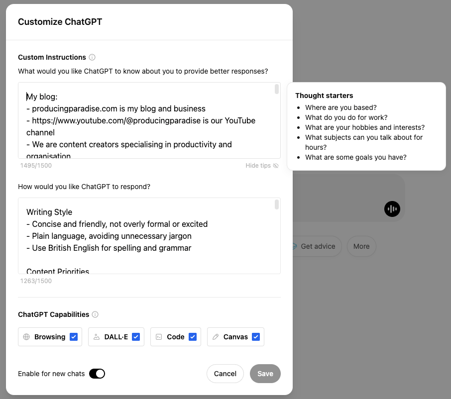 Screenshot of the ChatGPT personalisation settings