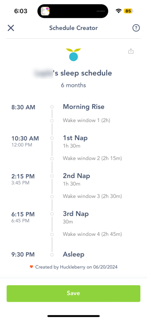 Screenshot of the Huckleberry app sleep schedule