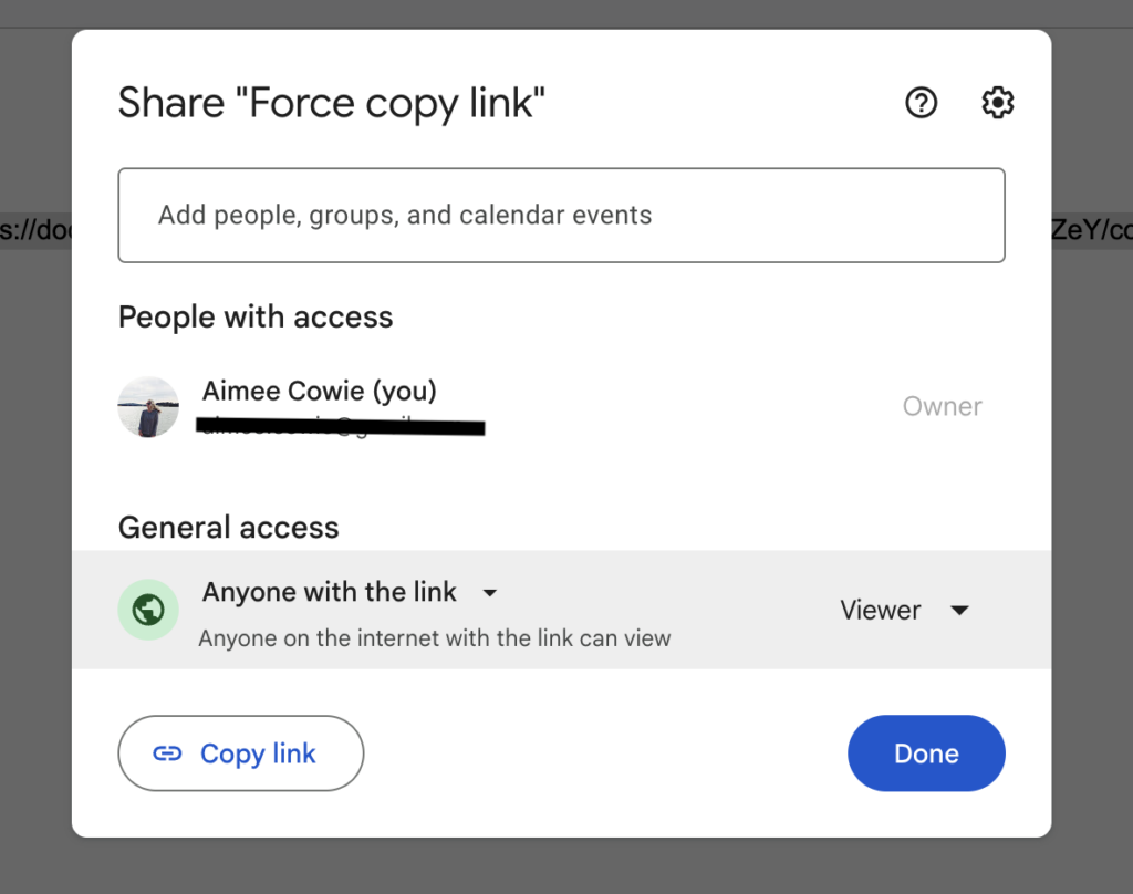 Screenshot of the sharing settings within Gsuite