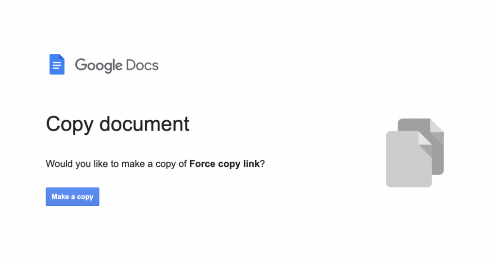 Screenshot of the expected screen a user will receive when the copy link has been shared.
