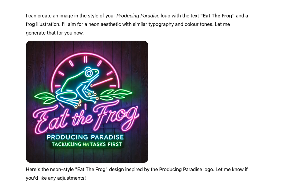 ChatGPT response with neon sign saying Eat the Frog