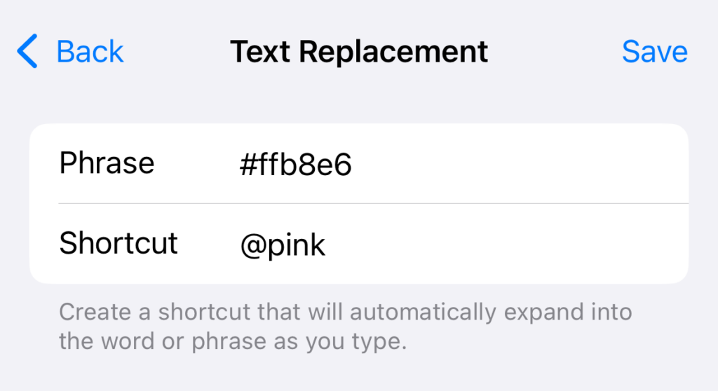 iPhone text replacement input screen