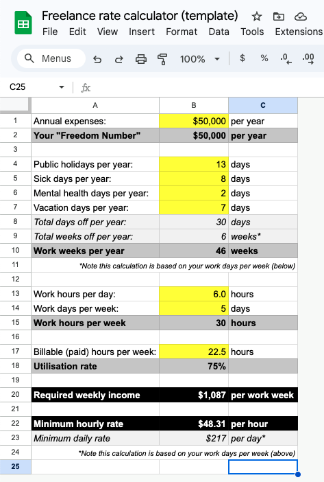 Freelance rate calculator Google Sheet template with demo data