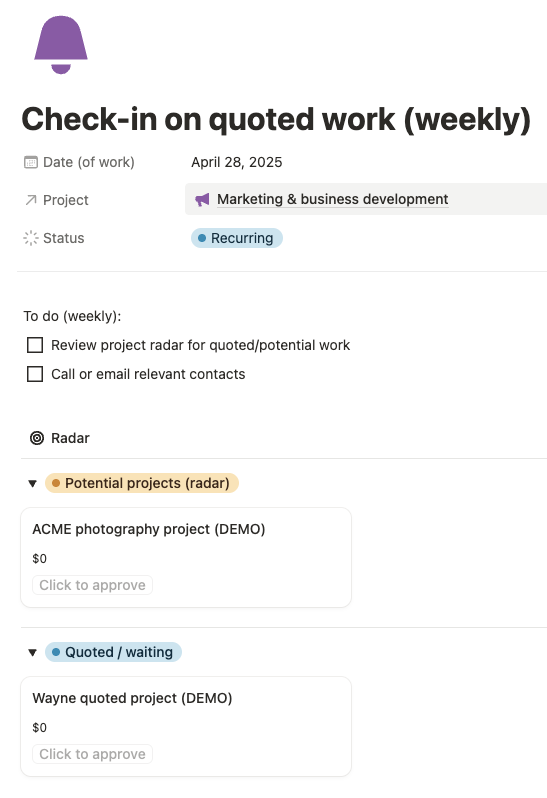 Notion freelance template task card for checking on quoted work