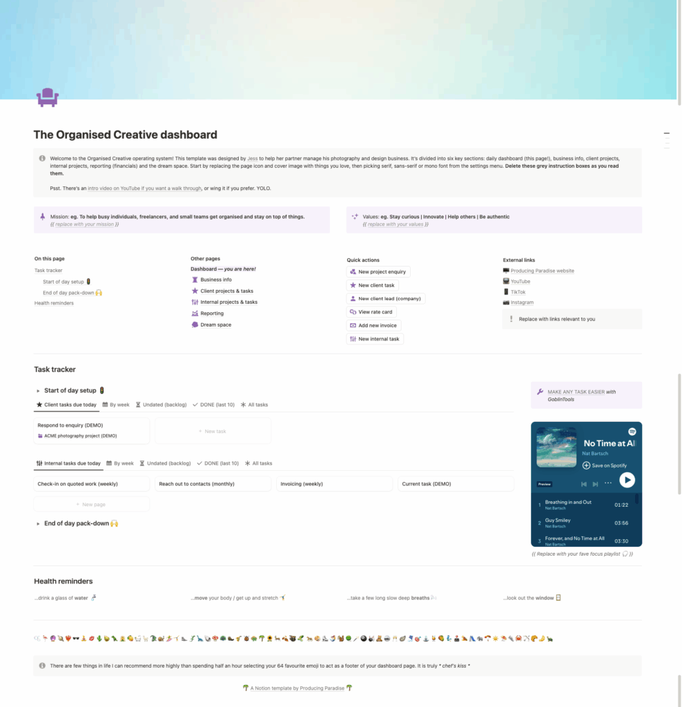 The Organised Creative freelance Notion template dashboard