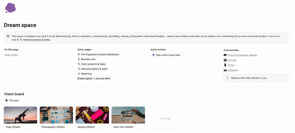 Notion freelance template dream space vision board