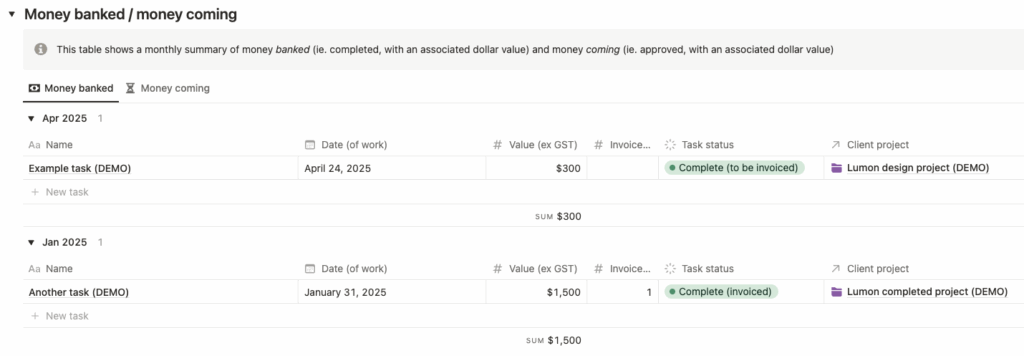 Notion freelance template money banked money coming
