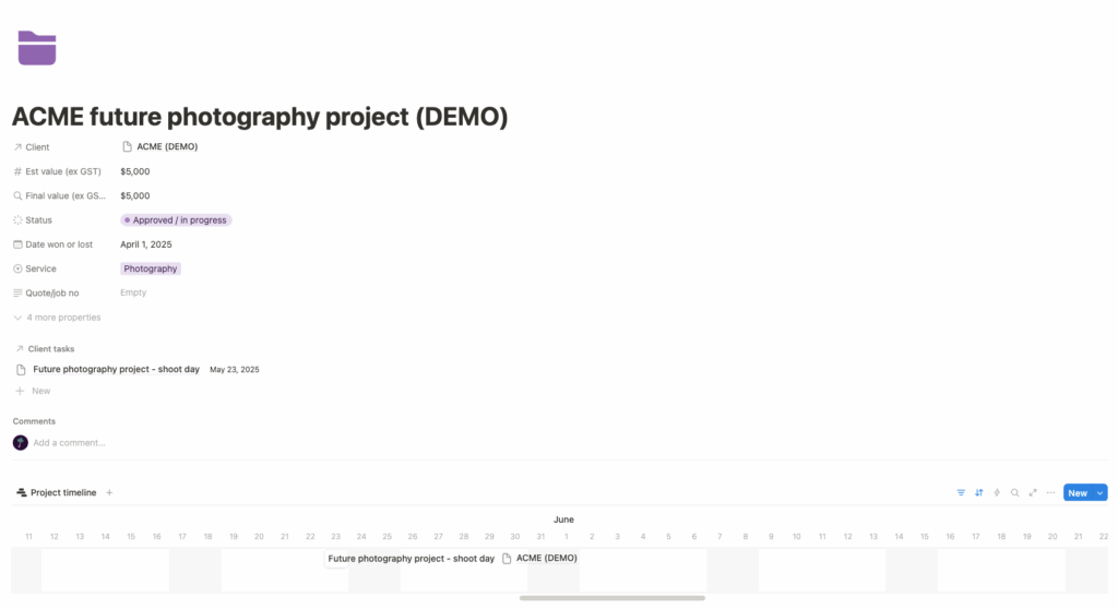 Freelance Notion template project page demo