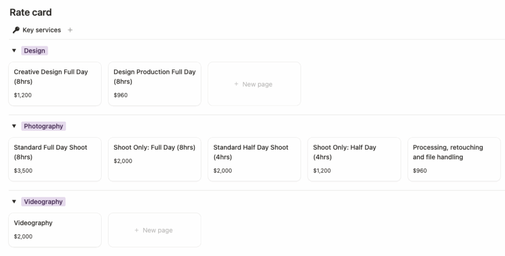 Freelance Notion template photographer rate card example