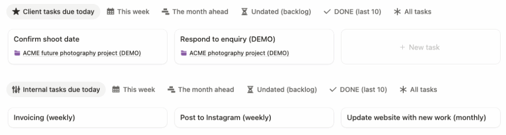 Freelance Notion template client and internal tasks due today