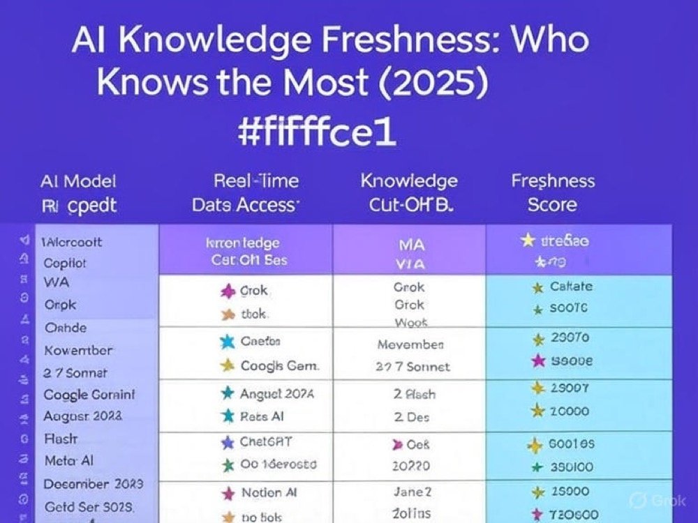 Stylised table comparing AI models’ knowledge freshness in 2025, showing Grok (grok 3) with December 2024 knowledge cut-off and real-time access, earning four-star freshness rating.