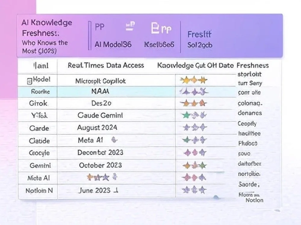 Stylised AI comparison table with distorted text but showing Grok listed with real-time access and high freshness score among AI models in 2025.