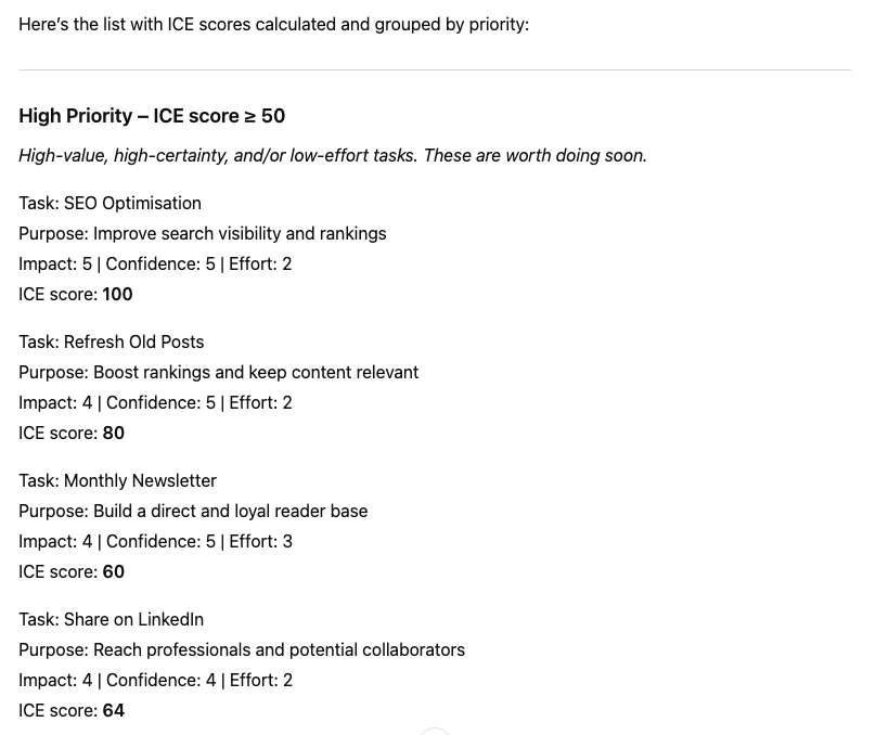 A demo of ChatGPT's high priority tasks for me, formatted neatly