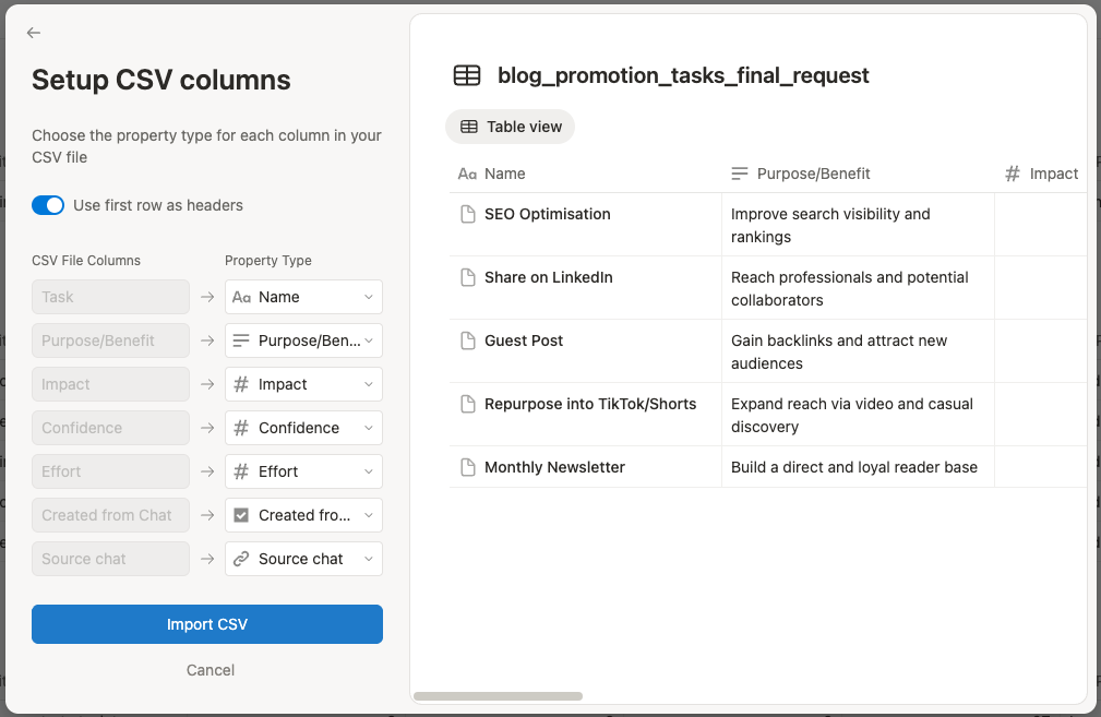 Map your CSV headers to the right Notion table columns