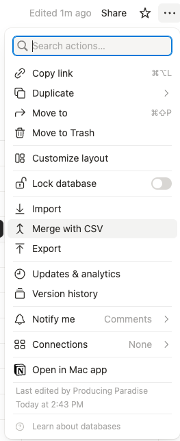 Merge with CSV option in the Notion database options
