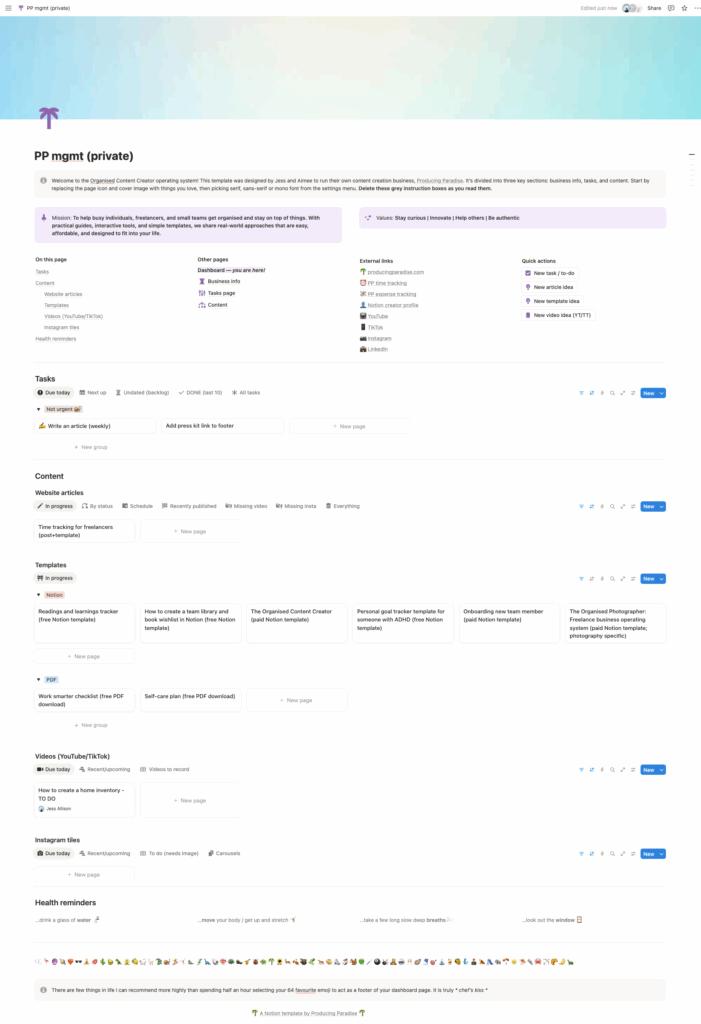 The Producing Paradise content creation dashboard in Notion