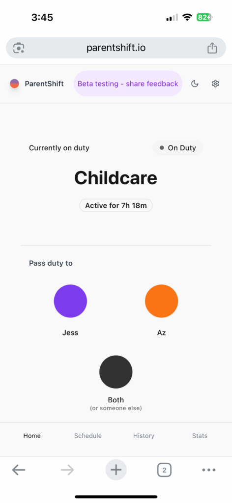 The ParentShift app home screen