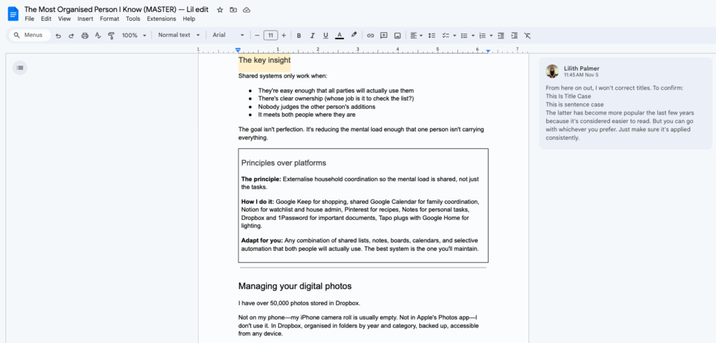 A Google Doc with editor's comment