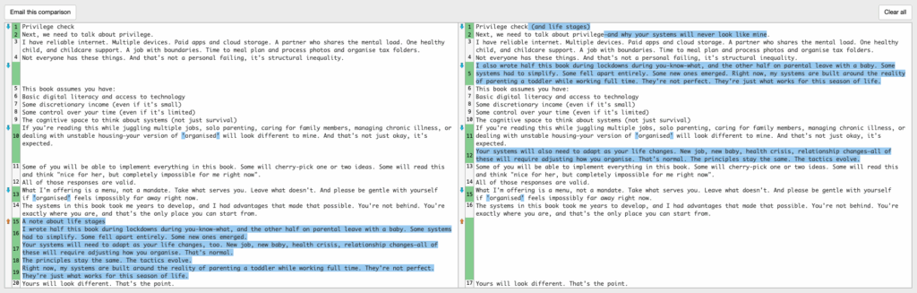The text-compare.com output for an example eBook chapter