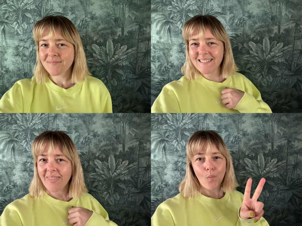 Four headshot photos of the same woman doing different happy expressions in each