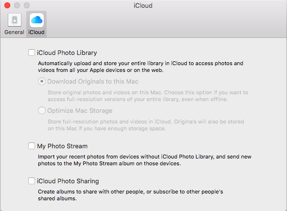Screenshot of the iCloud settings page in the Photos app showing 'iCloud Photo Library', 'My Photo Stream' and 'iCloud Photo Sharing'