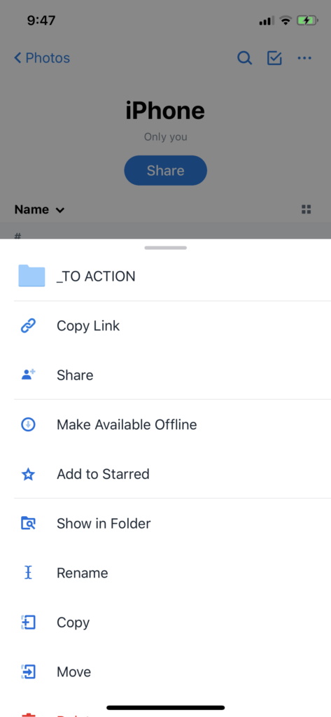 Screenshot of the Dropbox app settings page for a particular folder ('iPhone'), showing options such as 'Copy link', 'Share' and 'Make available offline'