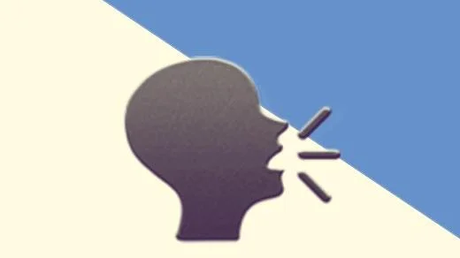 Hero image for “Clear communication in a digital world” with a duotoned dark purple and beige version of the Apple 'person speaking' emoji, in front of a blue triangle shape in the top right corner of the image