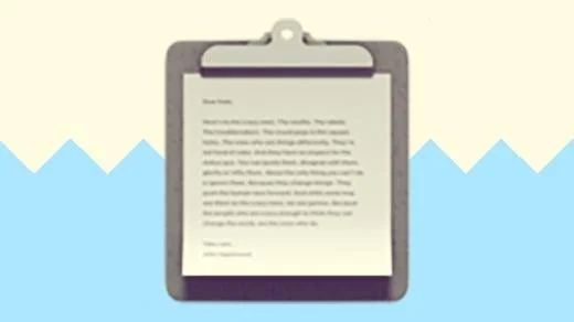 A duotoned dark purple and beige version of the Apple emoji for a clipboard, in front of a light blue zig zag shape across the bottom