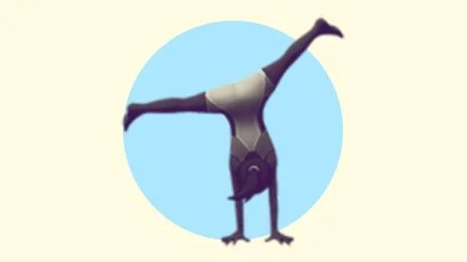 Hero image for “Working a four day week” with a duotoned dark purple and beige version of the Apple 'woman cartwheeling' emoji, in front of a light blue circle