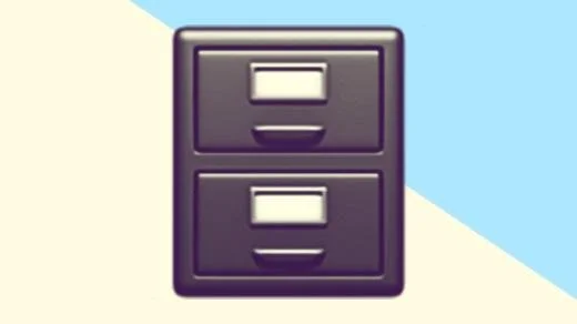 Hero image for “How I use: Dropbox for iPhone photo storage and backup” with a duotoned dark purple and beige version of the Apple 'filing cabinet' emoji, in front of a light blue triangle shape in the top right corner of the image