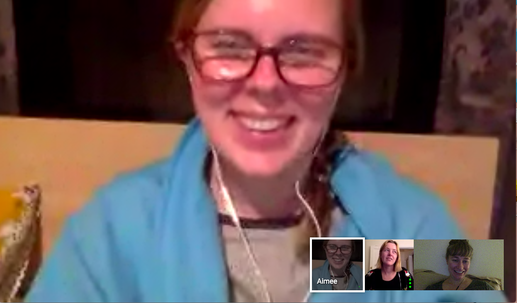 Screenshot of the Google Hangouts app showing three ladies in the conversation, all smiling