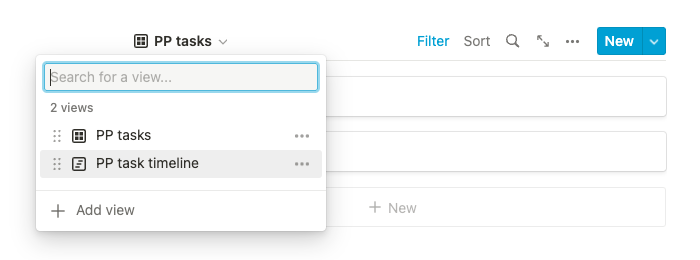 Screenshot of a Notion page showing two view options to select from a dropdown menu: PP tasks, and PP task timeline