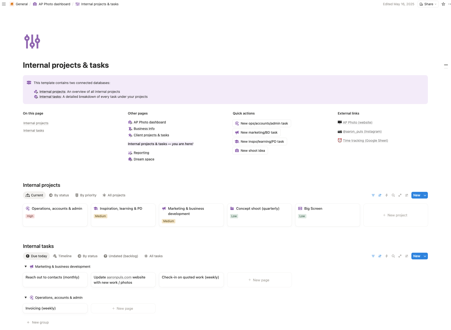 Notion home page for internal projects and tasks showing navigation, list of projects, then list of tasks filtered by what's due today