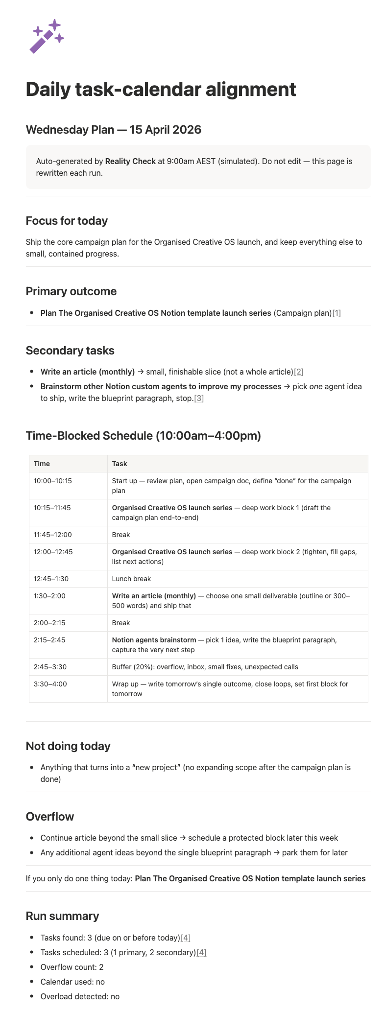 A Notion page detailing a plan for Wednesday 15 April including focus, primary outcome, secondary tasks, a schedule and what doesn't fit