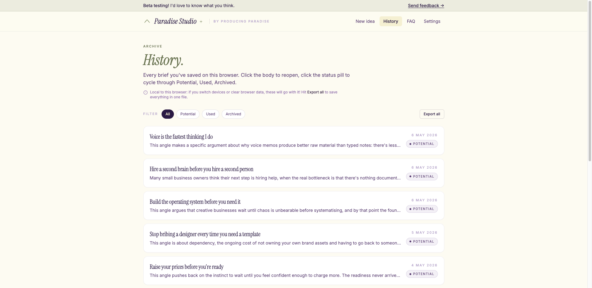 Voice-to-content app history screen