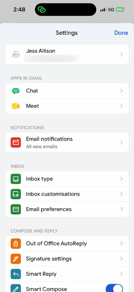 Gmail iPhone app settings