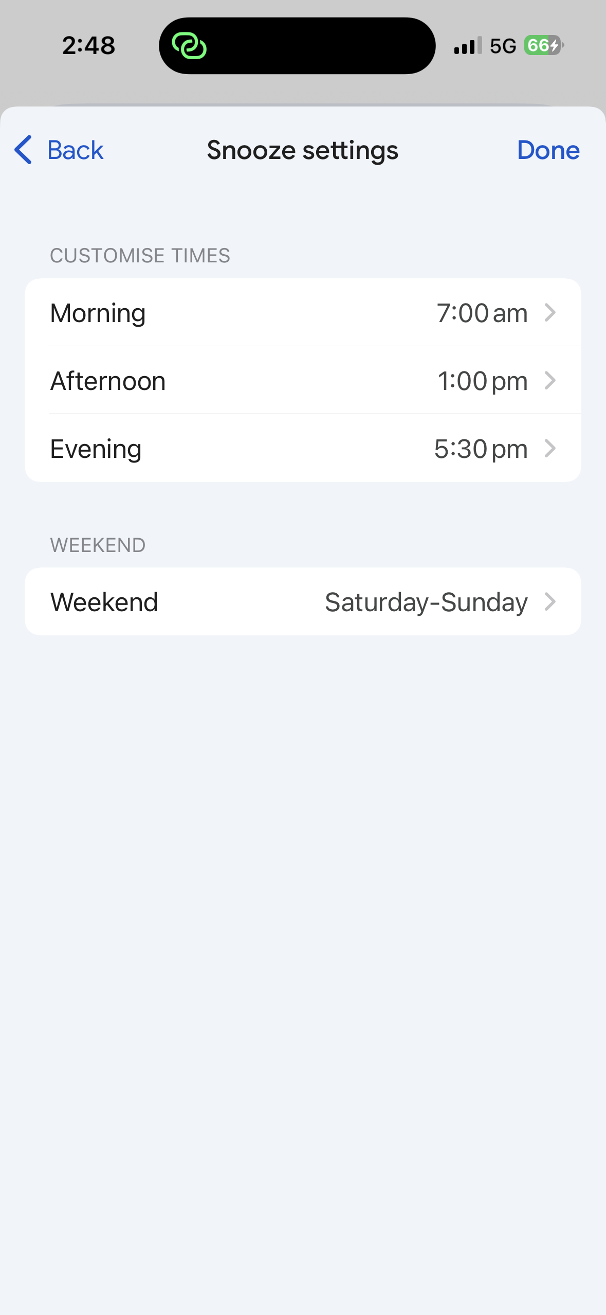 Gmail iPhone app snooze settings screen showing editable morning, afternoon and evening times and a weekend option