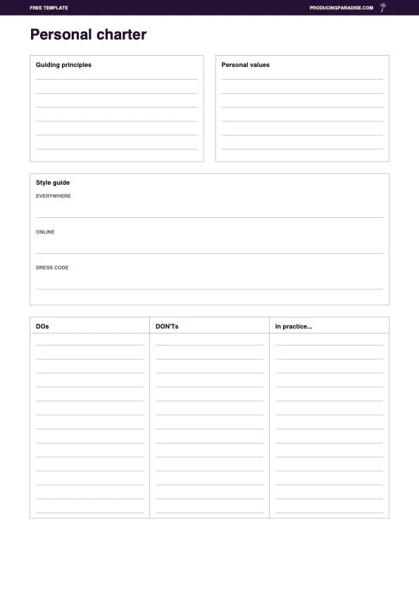 A personal charter template with guiding principles, style guide and dos and don'ts