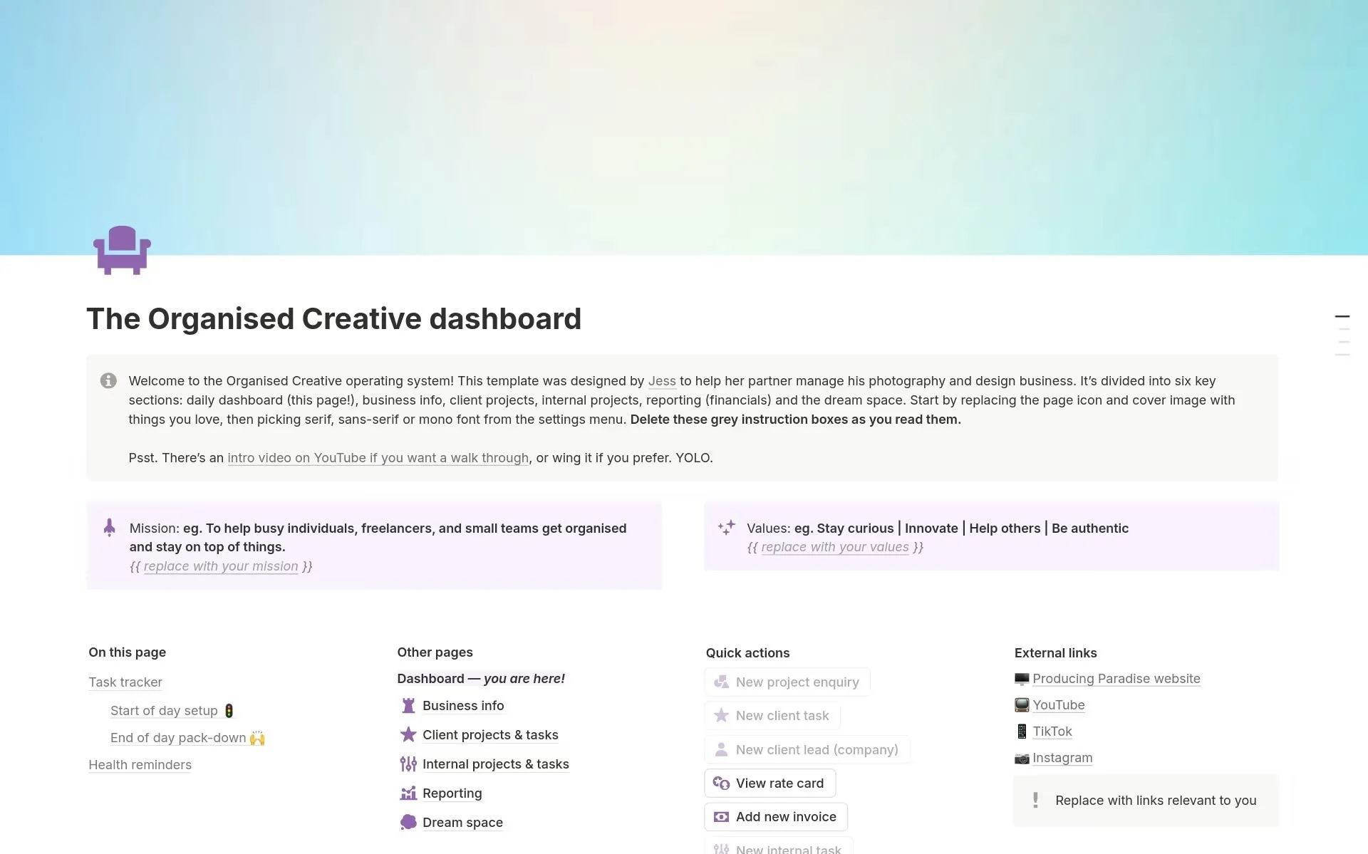 Notion template dashboard