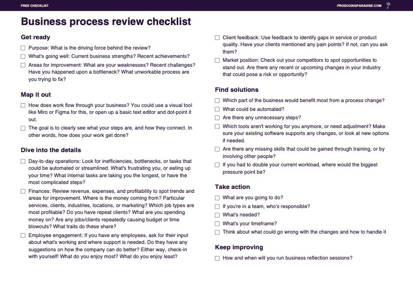 Screenshot of a checklist grouped into get ready, map it out, dive into the details, find solutions, take action and keep improving headings