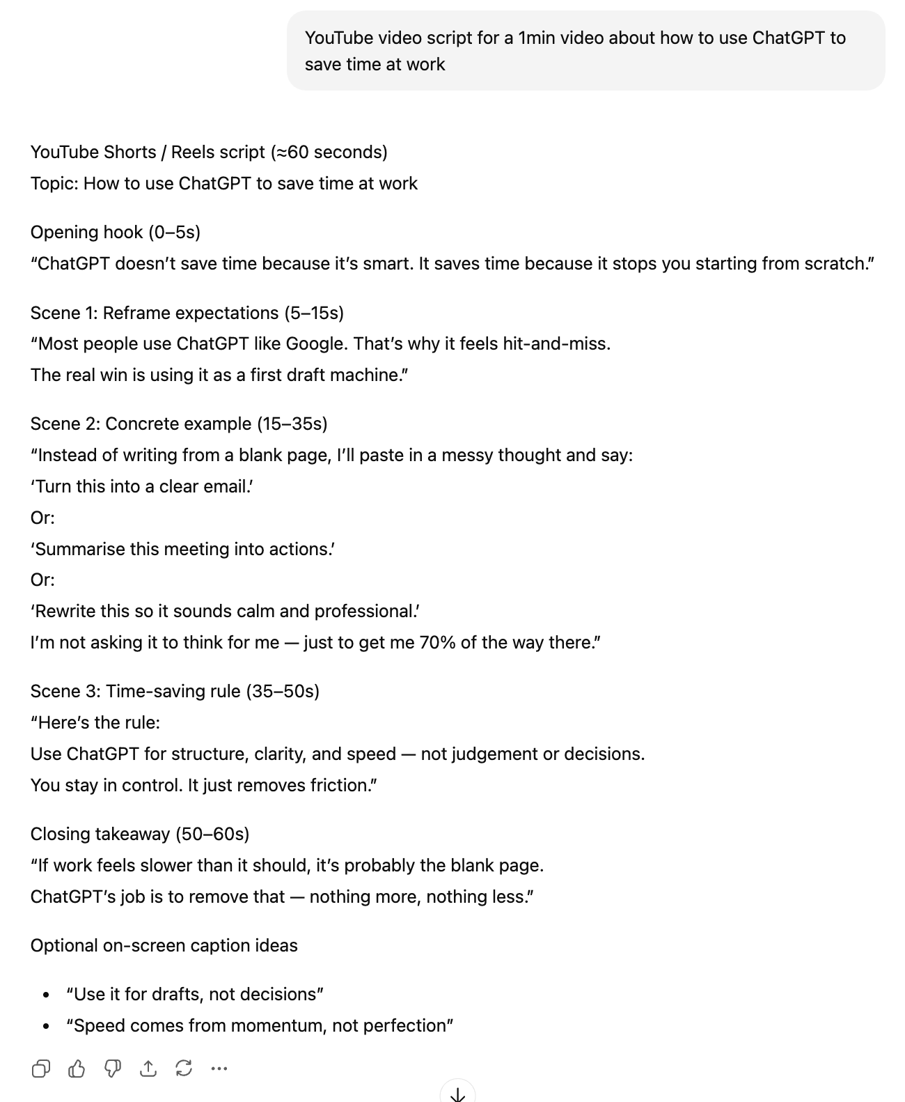 ChatGPT prompt "YouTube video script for a 1min video about how to use ChatGPT to save time at work" and its response